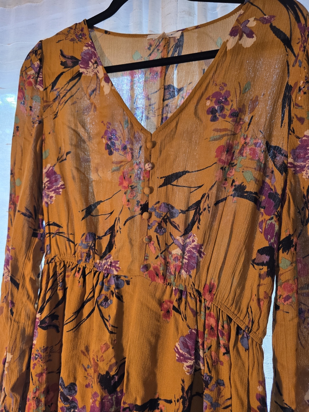 Gilli Mustard Floral V-Neck Button Front Maxi Dress